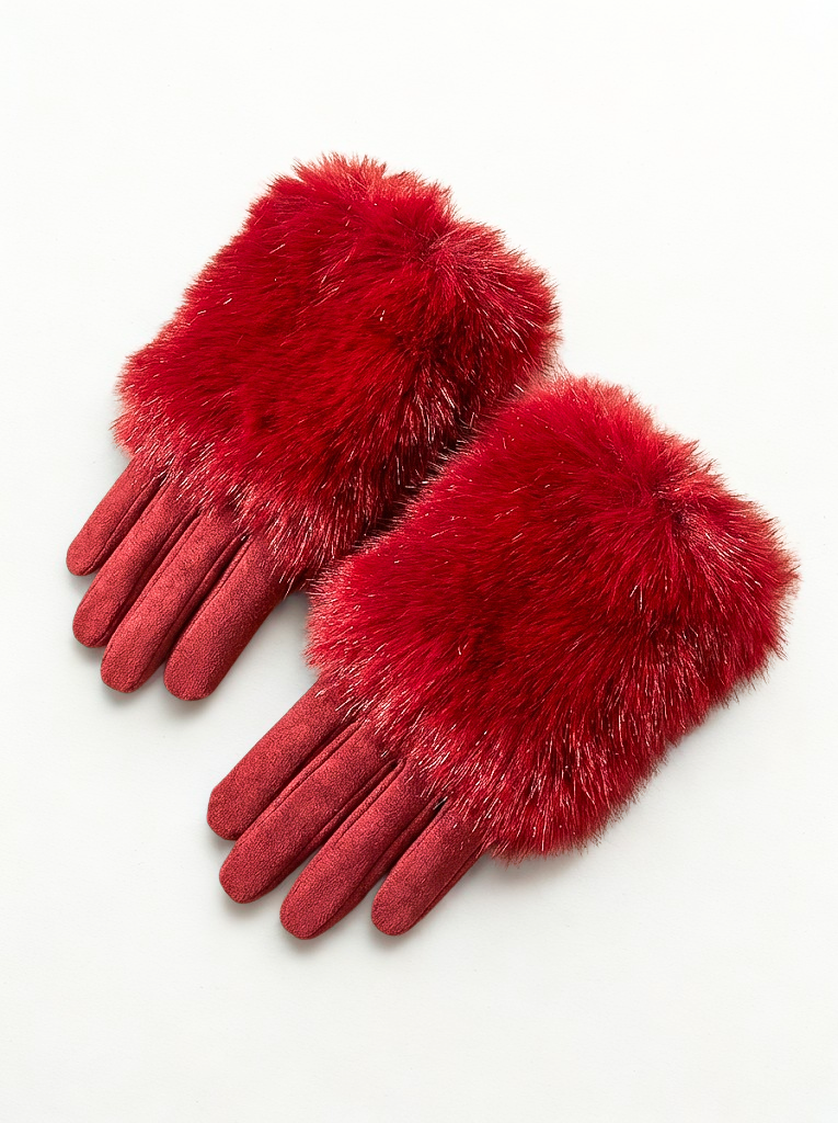 Glam Leather Gloves with Plush Fur Cuffs - Red