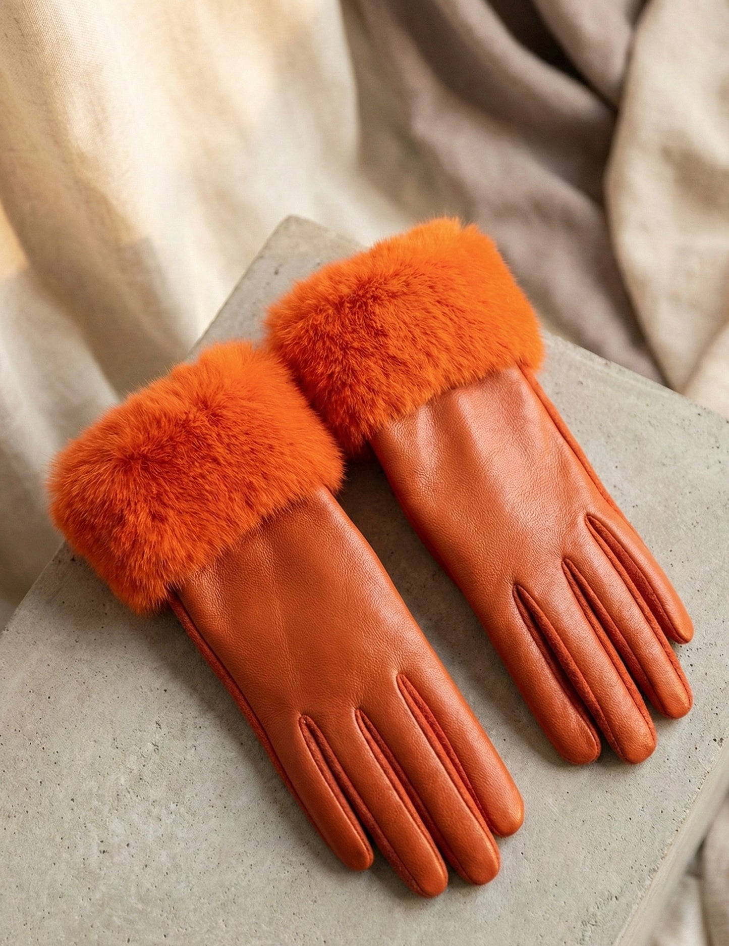 Glam Leather Gloves with Plush Fur Cuffs - Orange