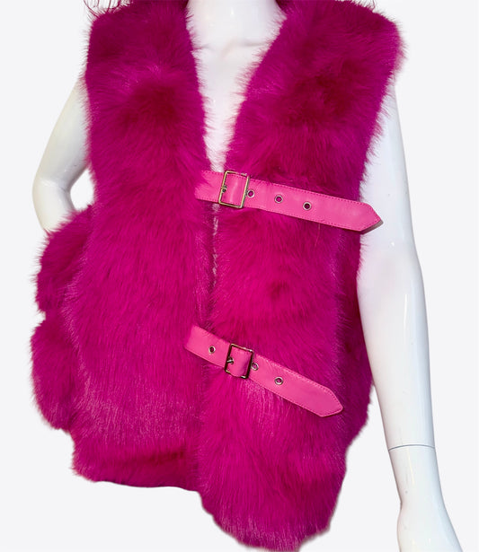 Faux Fur Buckle Vest - Hot Pink