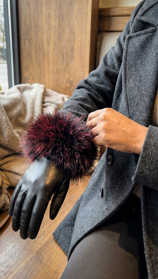 Glam Leather Gloves with Plush Fur Cuffs - Black and Red