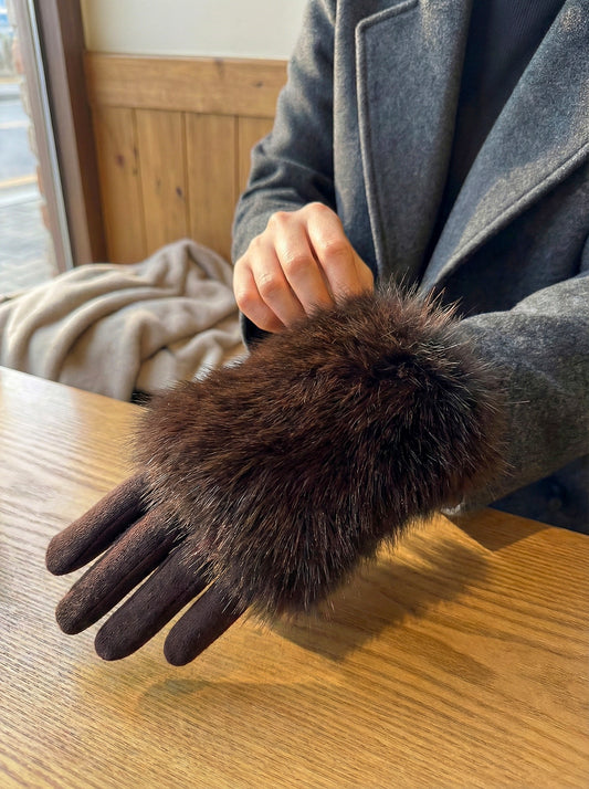 Glam Leather Gloves with Plush Fur Cuffs - Brown