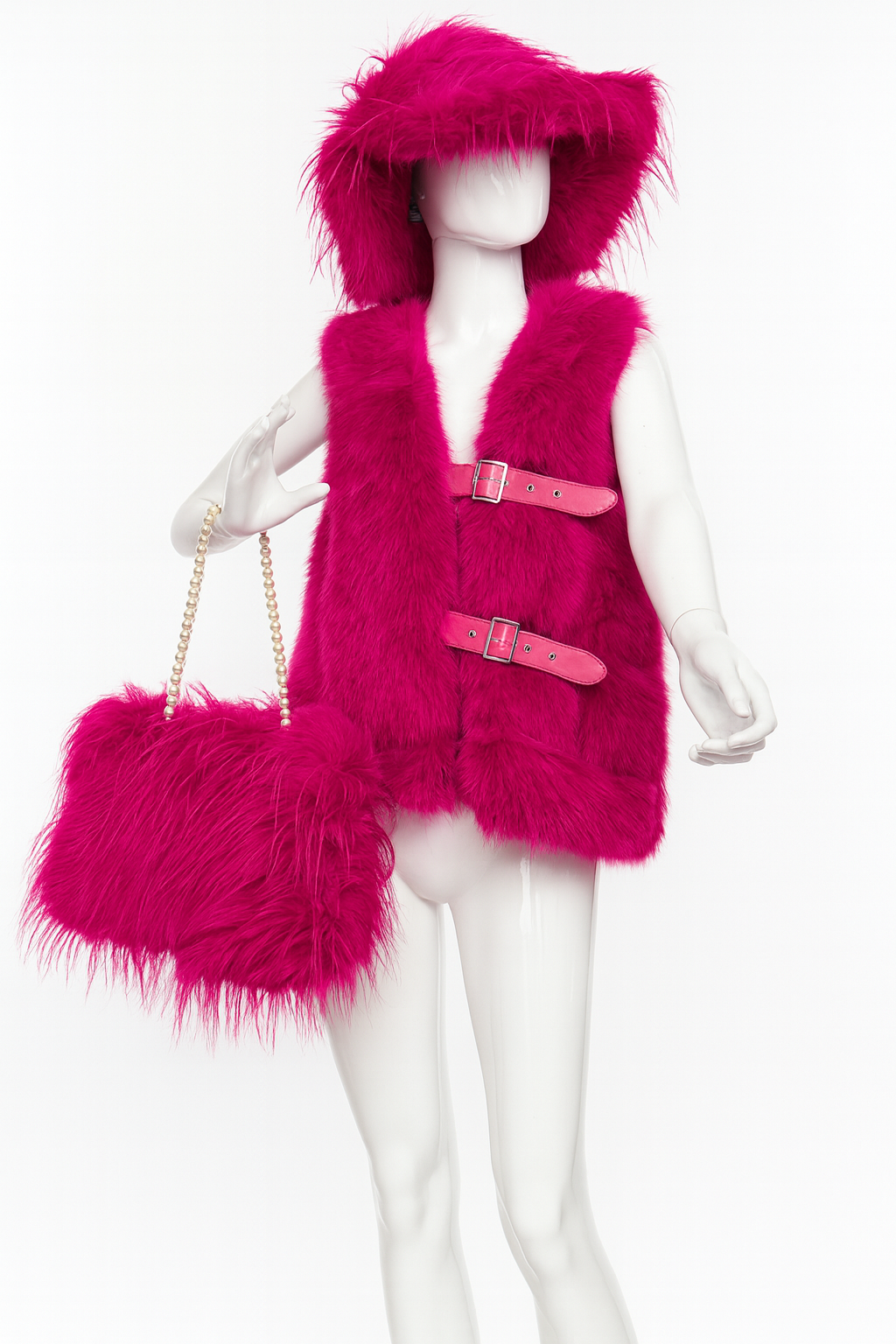 Faux Fur Buckle Vest - Hot Pink