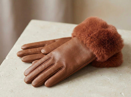 Glam Leather Gloves with Plush Fur Cuffs - Caramel