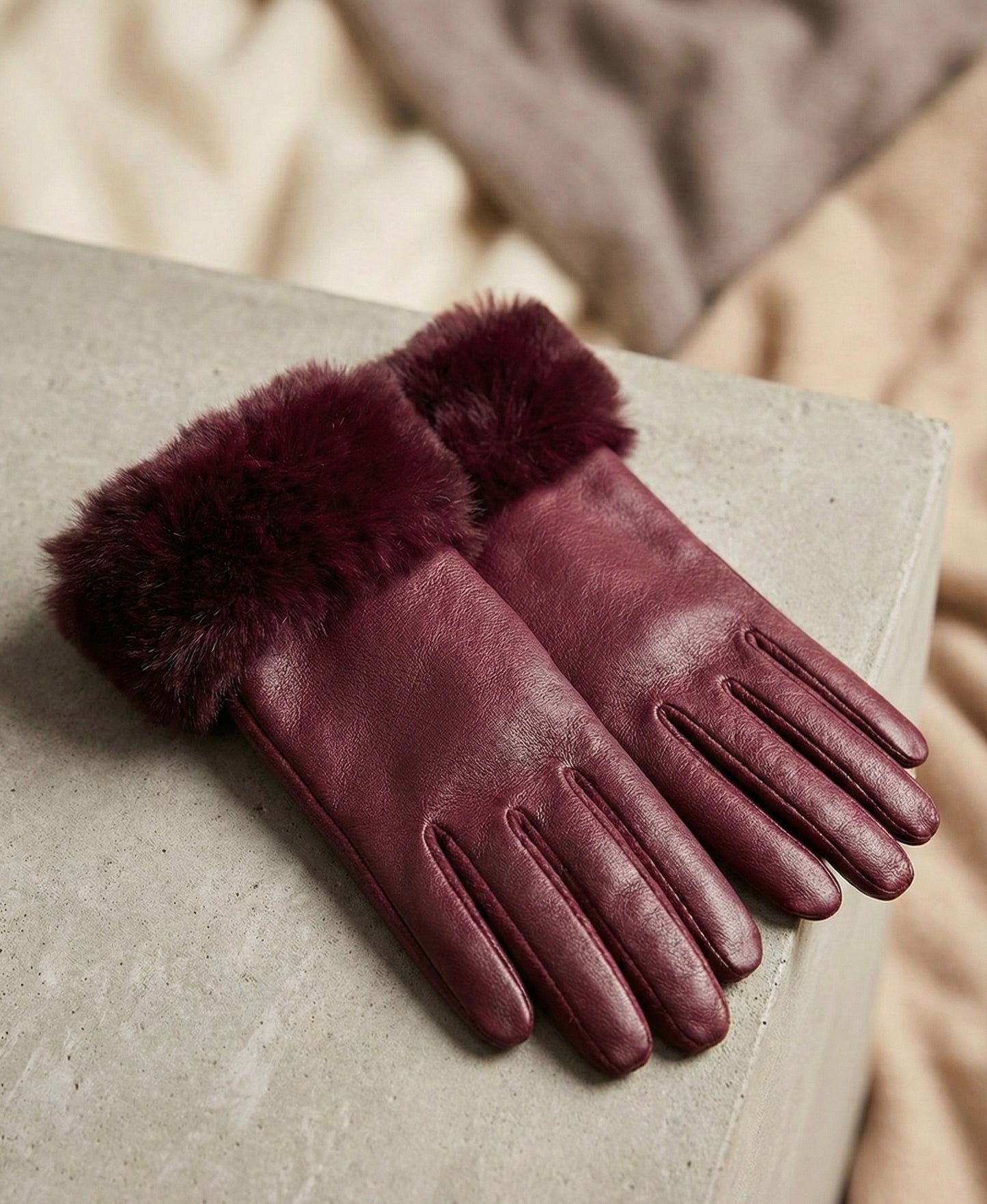 Glam Leather Gloves with Plush Fur Cuffs - Burgandy