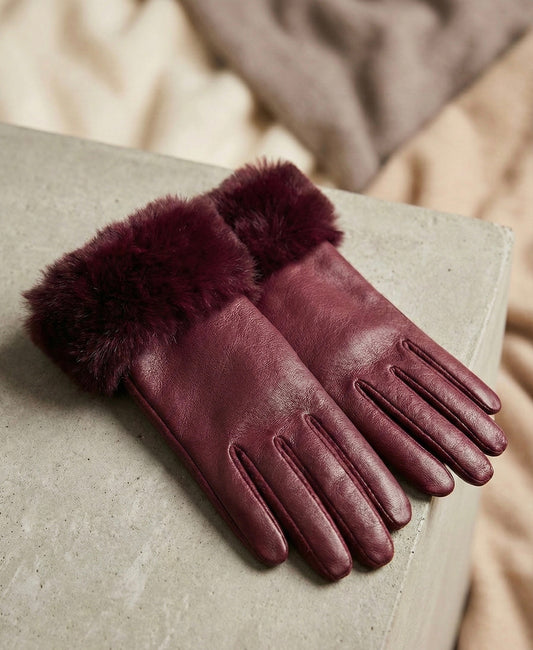 Glam Leather Gloves with Plush Fur Cuffs - Burgandy