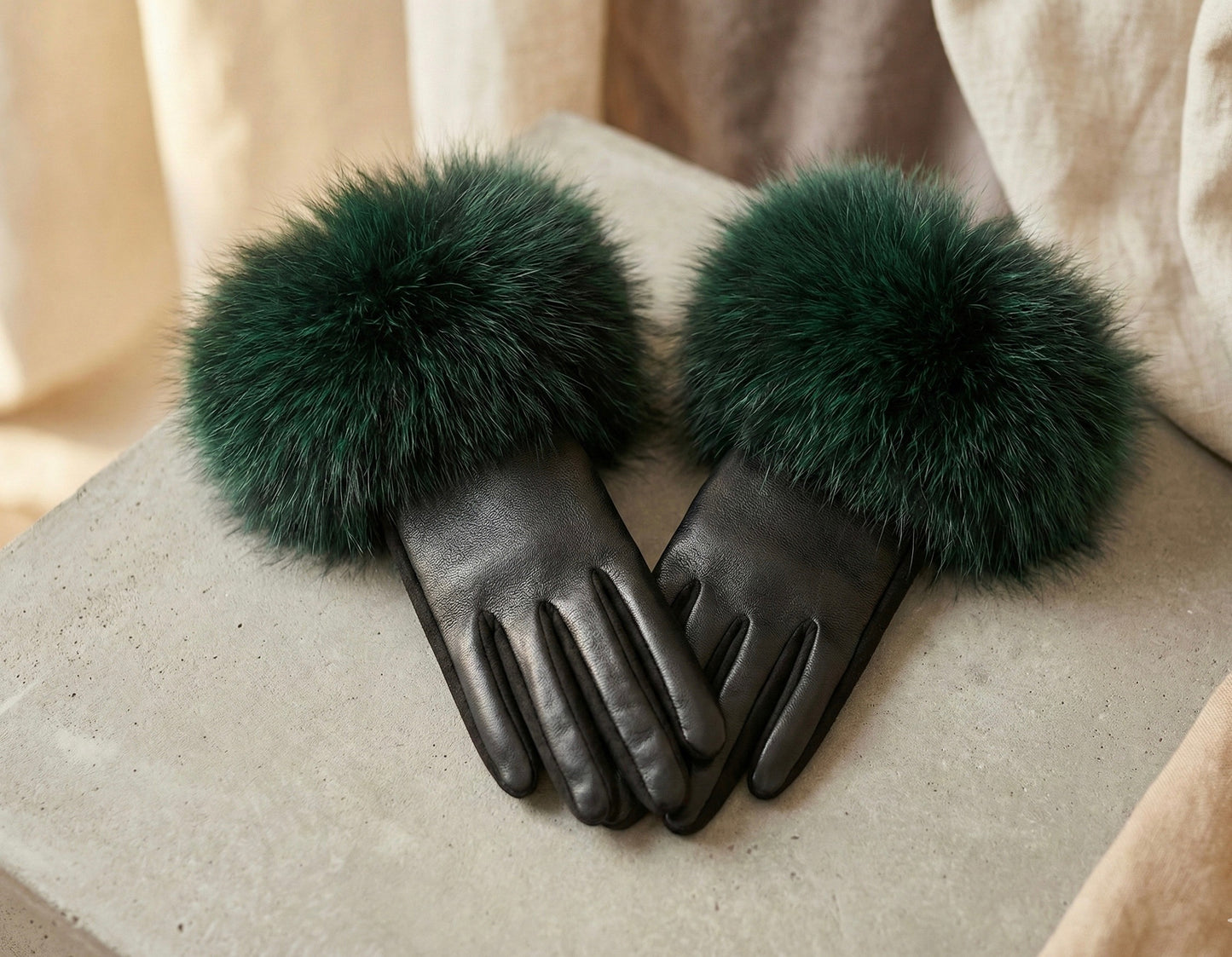 Glam Leather Gloves with Extra Plush Fur Cuffs - Black /Green