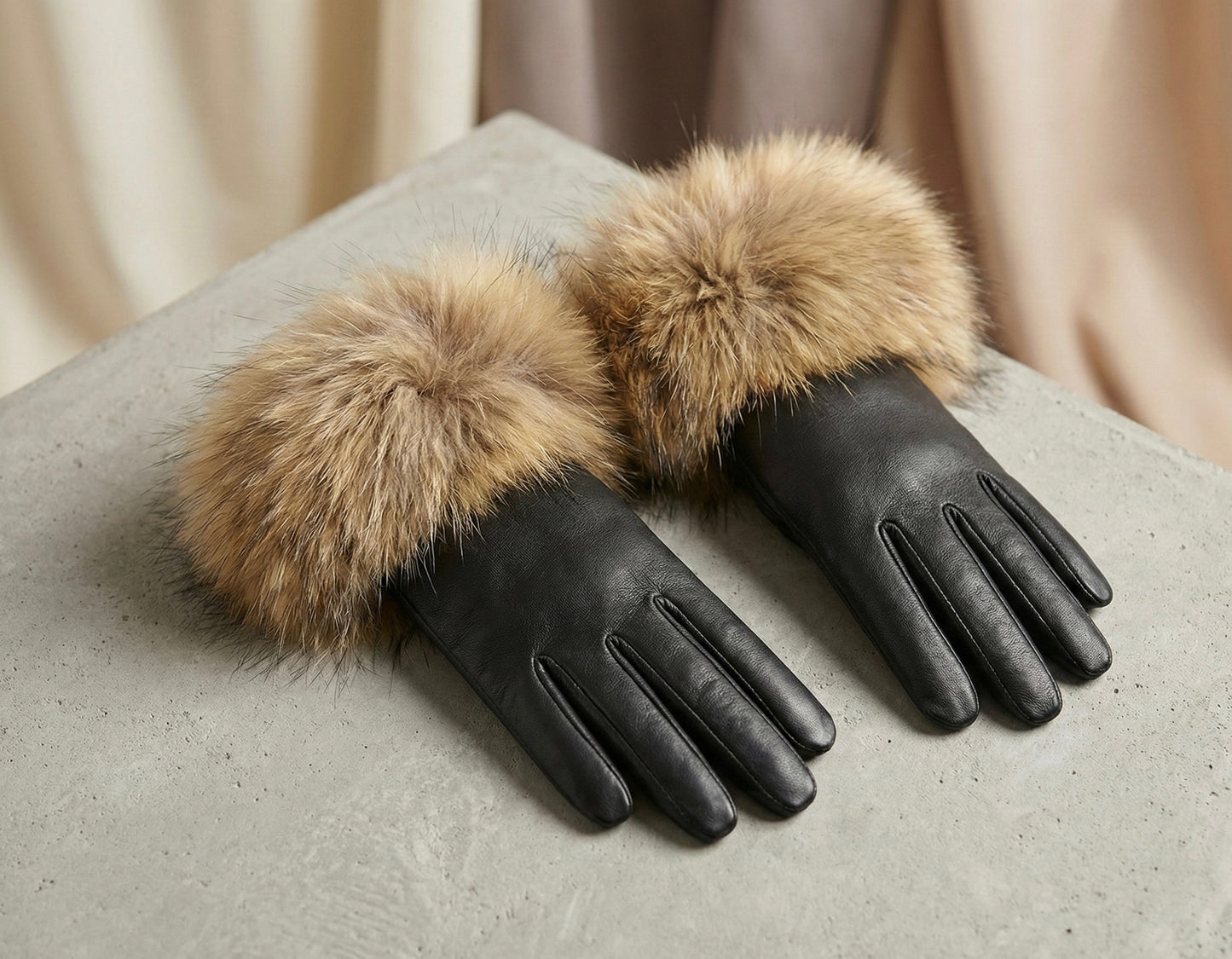 Glam Leather Gloves with Extra Plush Fur Cuffs - Black / Beige