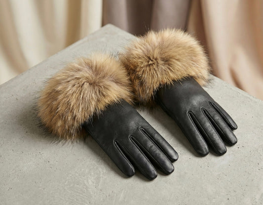 Glam Leather Gloves with Extra Plush Fur Cuffs - Black / Beige
