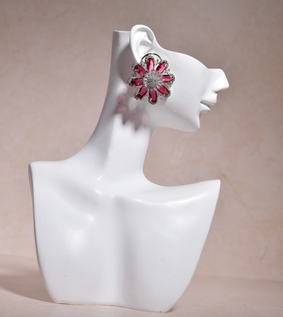 Diamante Pink Stones And Cubic Zirconia Oversized Floral Stud Earrings